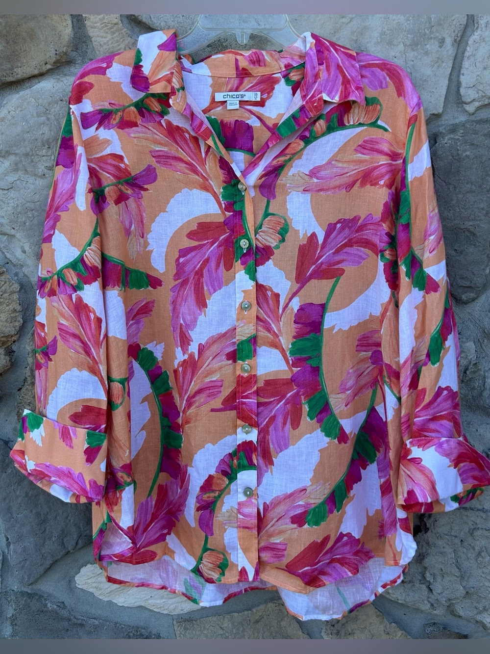 Chicos 100% Linen Button Up Shirt Size 14 (XL) Tropical Beachy Blouse Top